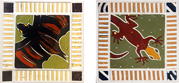 Colorfully painted ceramic tiles featuring a bat and lizard.