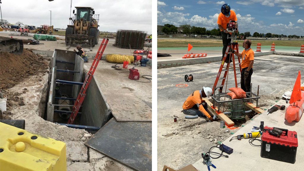 Two images showing utility work on existing taxiways. Left: Workers completing below-ground waterline work within the taxiway. Right: Workers installing large taxiway lighting.
