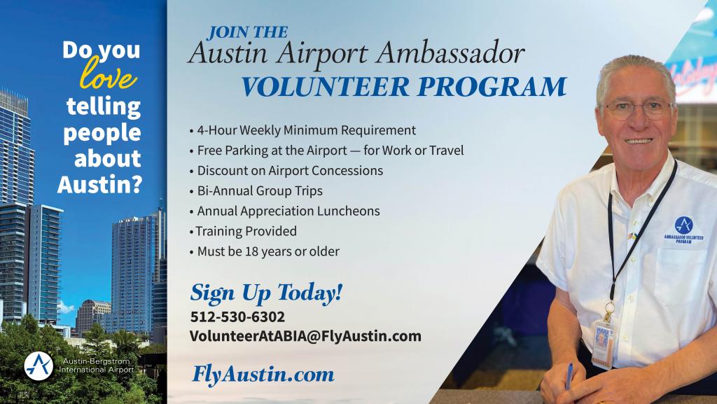 AUS Ambassador program graphic depicts a volunteer smiling and information about the program, including contact information: 512-530-2242