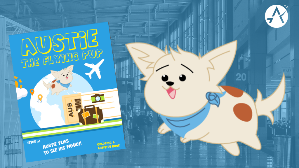 Austie, the airport's mascot, is a cartoon chihuahua mixed breed dog with brown spots on his cream colored fur. He wears a blue bandana around his neck that doubles as his protective face mask. 