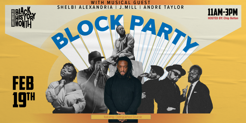 yellow background with monochromatic photos of performing artists and text beaming up saying "Block Party"