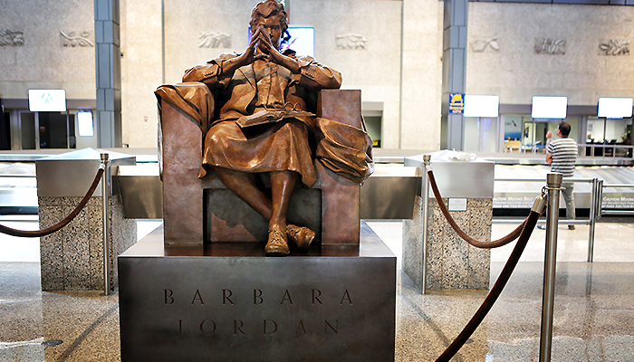 The Barbara Jordan statue is a large bronze sculpture that sits in the Baggage Claim area of the airport