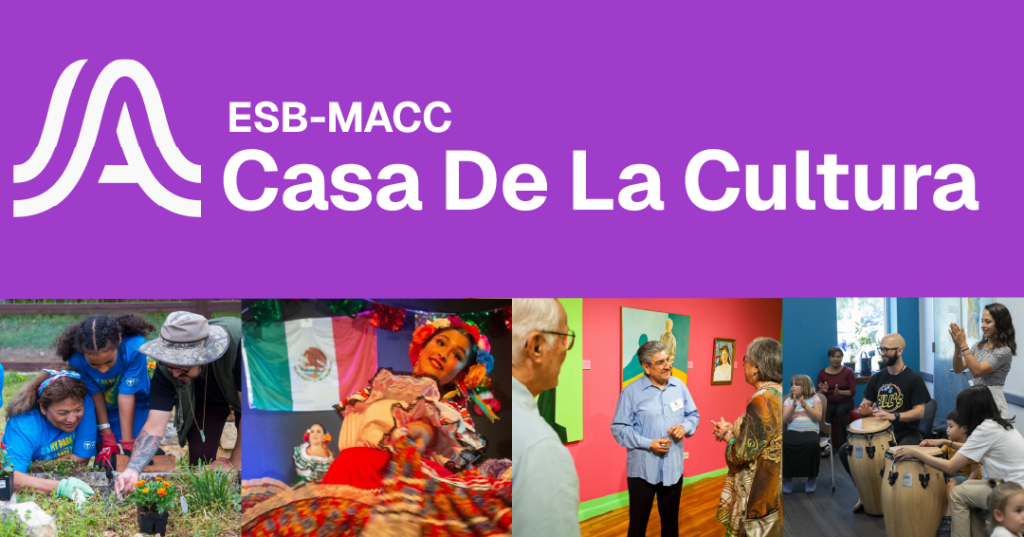 Banner for Casa de La Cultura featuring (left to right) garden volunteers, a women dancing ballet folkloricio, art gallery attendees, and drum circle at the library. 