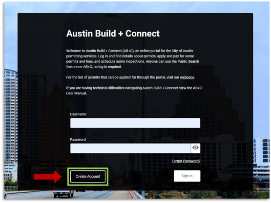 Create Account button called out on AB+C Portal home page.