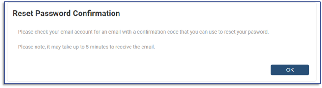 Reset password confirmation screen