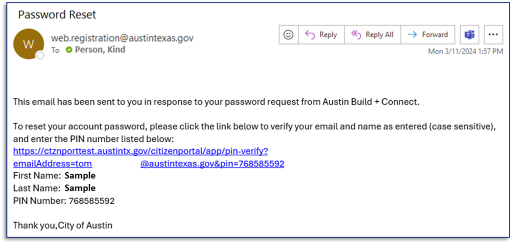 Sample password reset email