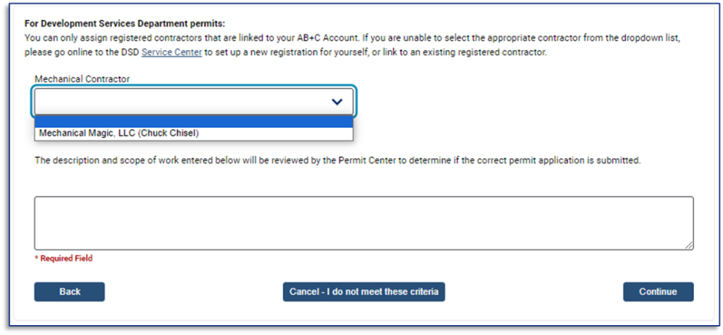 Contractor selection dropdown menu