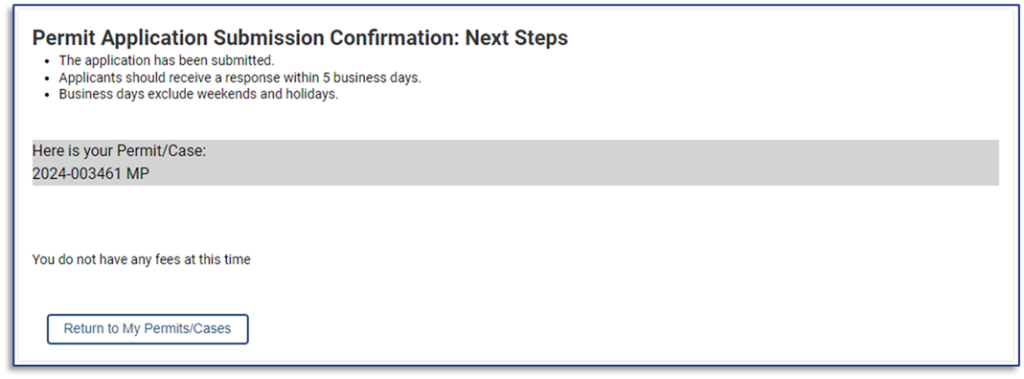 Permit application submission confirmation screenshot