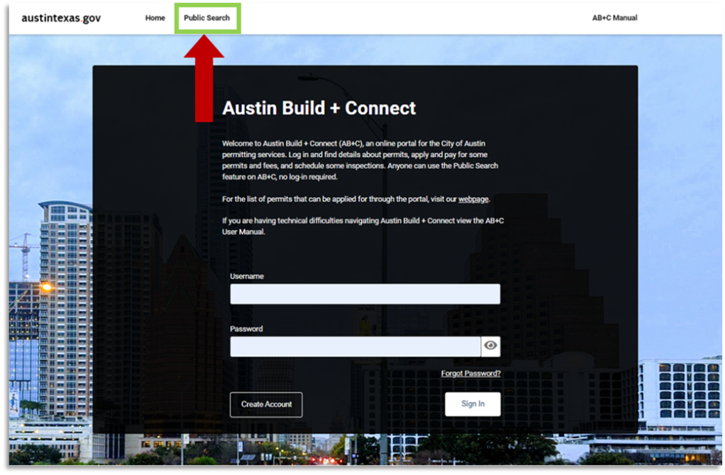 Public Search tab location on Austin Build + Connect Portal.