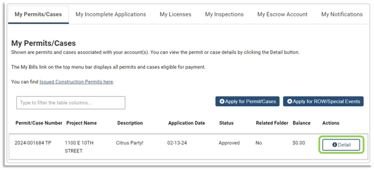 My Permits/Cases screen with Detail callout