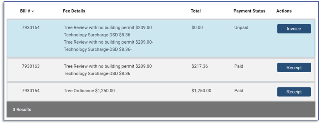 Bill Number Fee Details screenshot