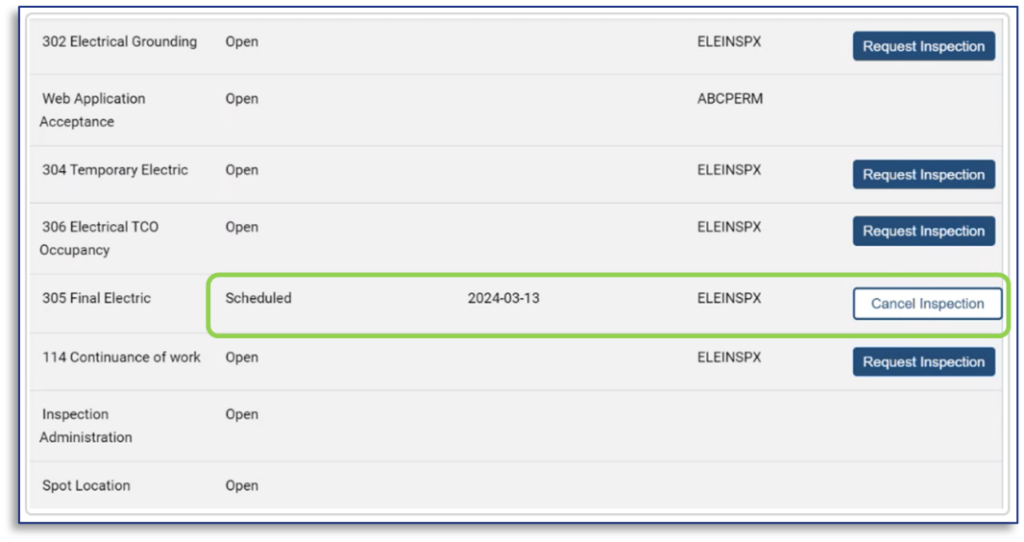 Cancel Inspection box highlighted