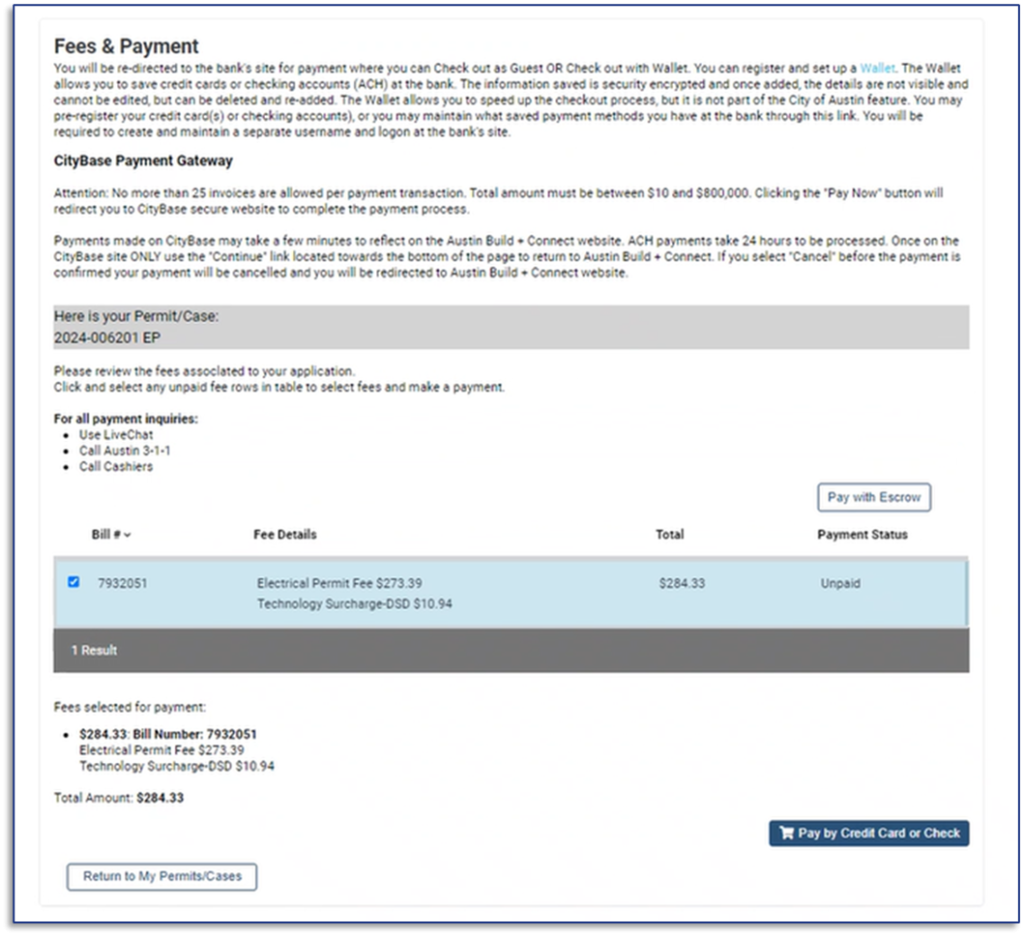 Fees and Payment screen