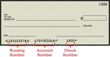 Example of a check with Routing Number and Account Number called out.