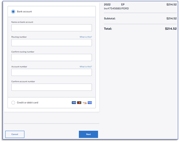 Bank Account screen on AB+C Portal.