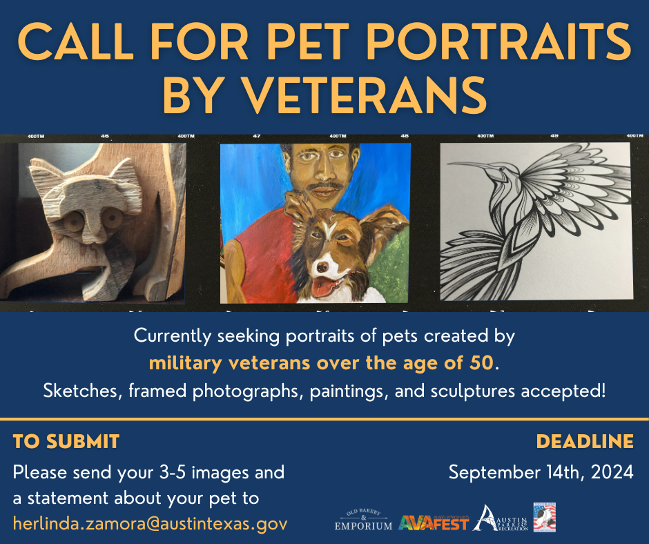 Call for Pet Portraits by Veterans - image includes examples including painting of man with his dog, sketch of a bird, and a wooden sculpture of a cat