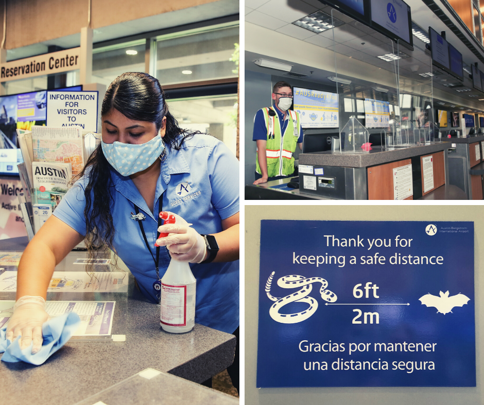 Collage depicts three photos: One of an AUS employee wearing a face covering and disinfecting a counter, one of an employee wearing a face mask and standing behind a plexiglass barrier at an airline counter and the last photo is of a physical distancing reminder sign installed on a wall in the terminal that reminds people to keep 6 feet apart from each other.  