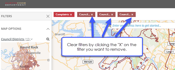 Clear filters by clicking the "X" on the filter you want to remove.