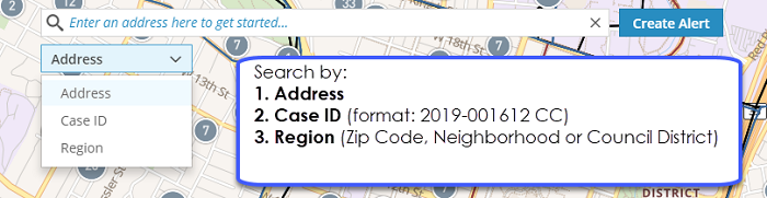 Screenshot of search bar and options for address, case ID, or region
