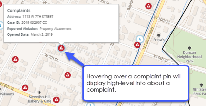 Hovering over a complaint pin will display high-level info about a complaint.