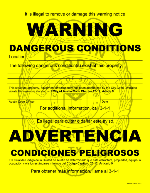 this is the yellow placard labeled "warning" and is posted in front of properties that may have if not limited to many missing shingles, broken windows, doors, minor shifting of settling foundation, damaged septic systems (flood), and 6 - 18 inches of water in a single family or multi family residence