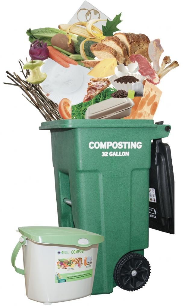 Compostable items go into a compost cart, pictured with a kitchen collector