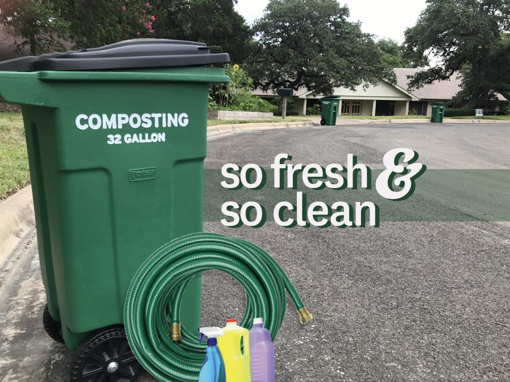 ""so fresh and so clean. Green compost cart with garden hose and cleaning supplies."