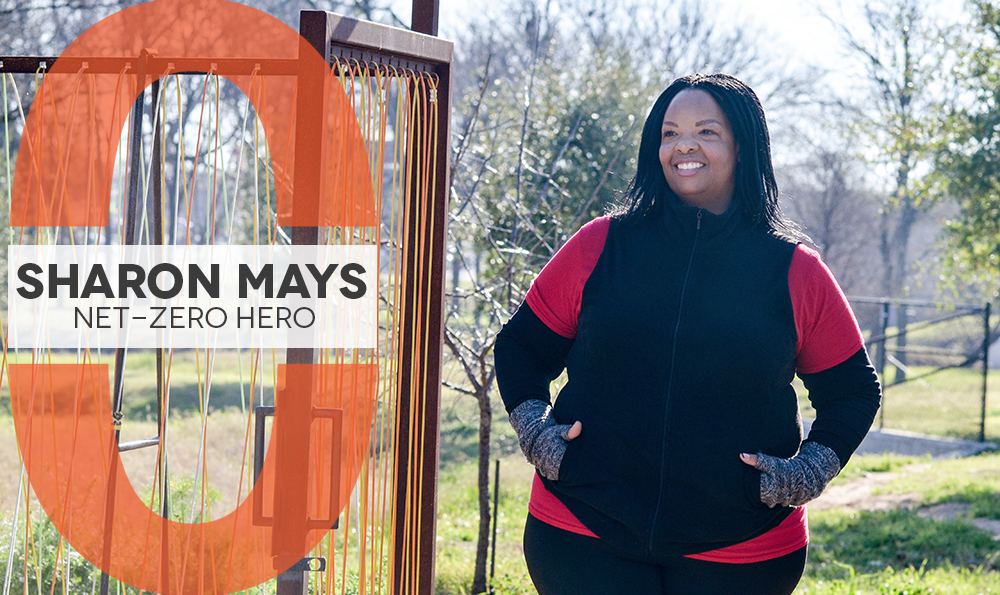 A photo of Sharon Mays walking in a park outside. Text over the photo reads, "Sharon Mays: Net-Zero Hero".