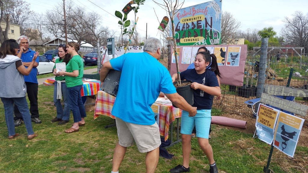 People receiving trees at a park