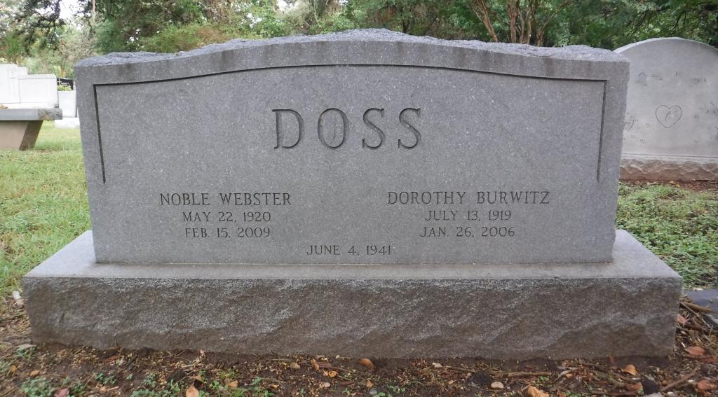 Headstone Doss Noble Webster, May 22,1920 - Feb 15, 2009. Dorothy Burwitz July 13,1919 - Jan 26,2006. June 4, 1941