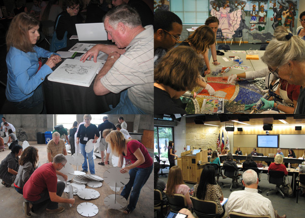  woman and man sitting at table with drawing in between them; People gathered around a table assembling a mosaic; People fitting together cardboard discs; A woman standing at a podium addressing a room.