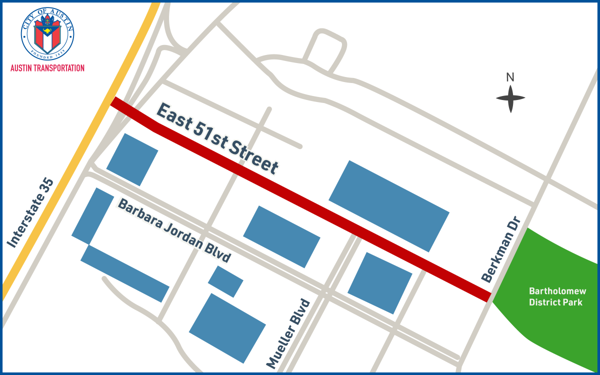 Photo of East 51st Street Mobility Project limits, from Interstate 35 to Berkman Drive