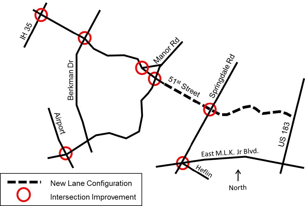 A map of the safety and mobility improvements on East 51st Street. These include intersection improvements where 51st Street meets IH-35, Berkman Drive, Manor Road (two intersections) and Springdale Road; where Manor Road meets Airport Boulevard; and where Springdale Road meets Heflin Lane. They also include a new lane configuration on 51st Street from Manor Road to US 183.