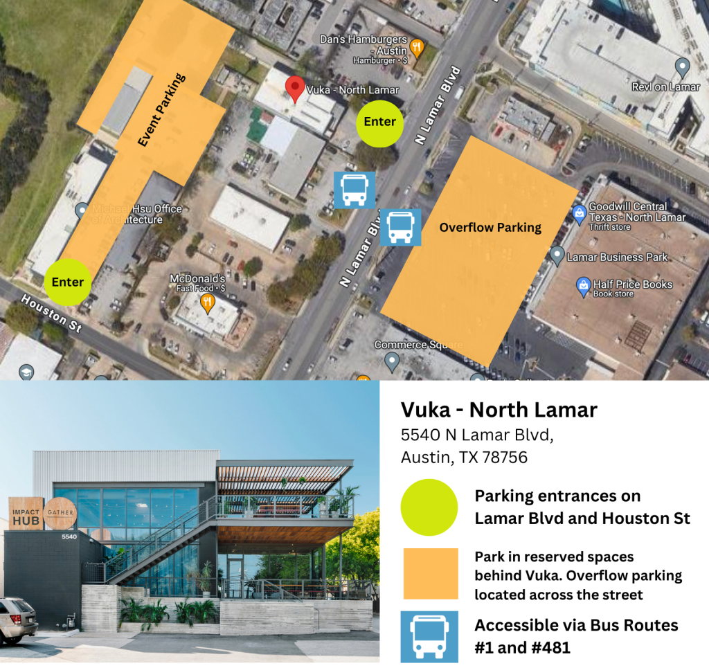 Map showing Vuka parking locations and bus stops. Parking entrances are on Lamar Blvd and Houston Blvd. Park in reserved spaces behind Vuka. Overflow parking located across the street. Accessible via bus routes #1 and #481.