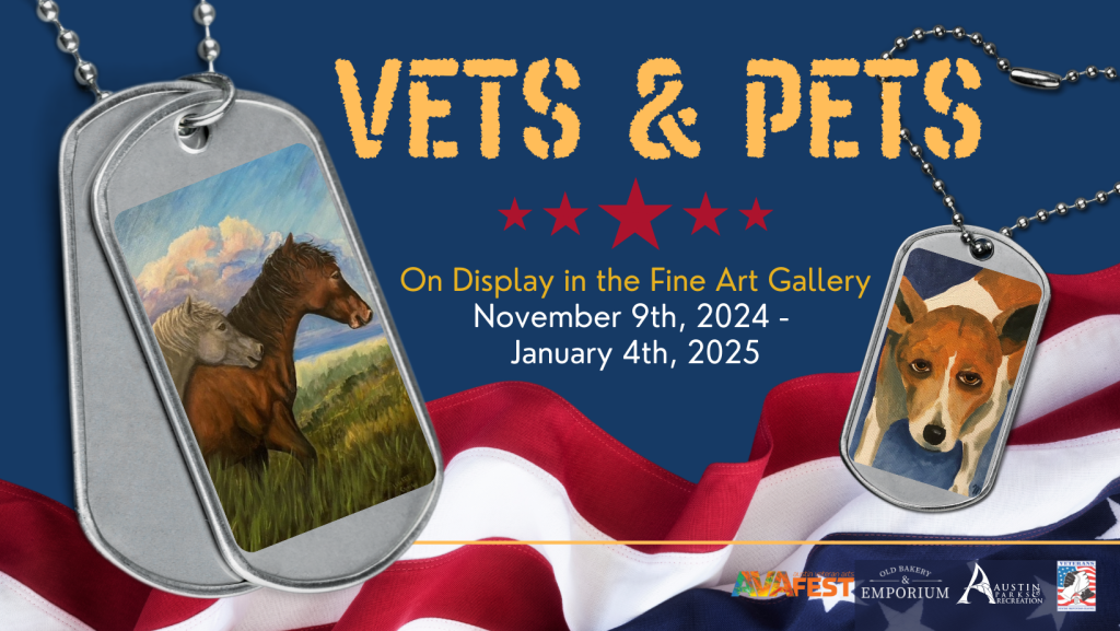 Vets and Pets - Dog and horse paintings depicted on military dog tags with American flag in the background