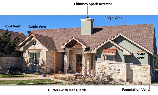 Brick house with WUI building guidance for chimneys to highlight the need for chimney spark arrestor, ridge vent, soffit vent, foundation vent, gutters with leaf guards, gable vent and roof vent