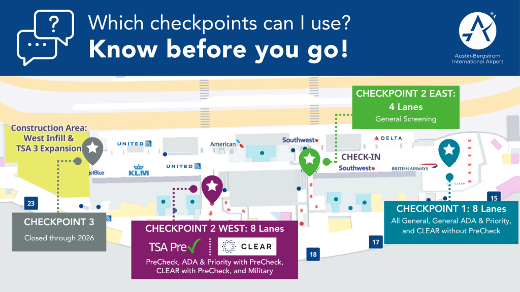 Detailed map of checkpoints at Austin-Bergstrom International Airport
