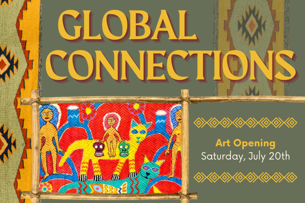 Global Connections Art Opening Saturday, July 20th - image of woven tapestry featuring imagery of cats, women, and skulls