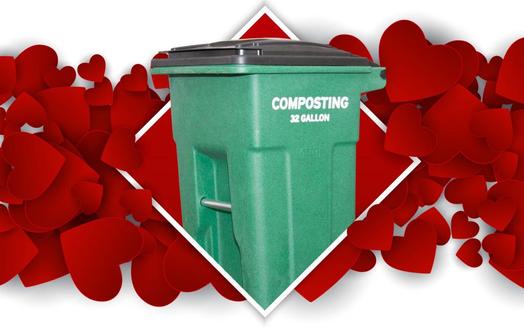 Green compost cart with hearts around it