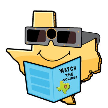 An image of a smiling State of Texas wearing eclipse glasses and holding a document that says "Watch the Eclipse" with the state of Texas on the cover, with a pointer indicating Central Texas.
