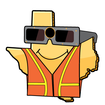 An image of the state of Texas wearing eclipse glasses and a high-visibility safety vest.