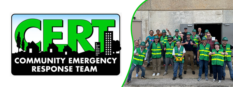 Group of CERT volunteers standing outside of a building