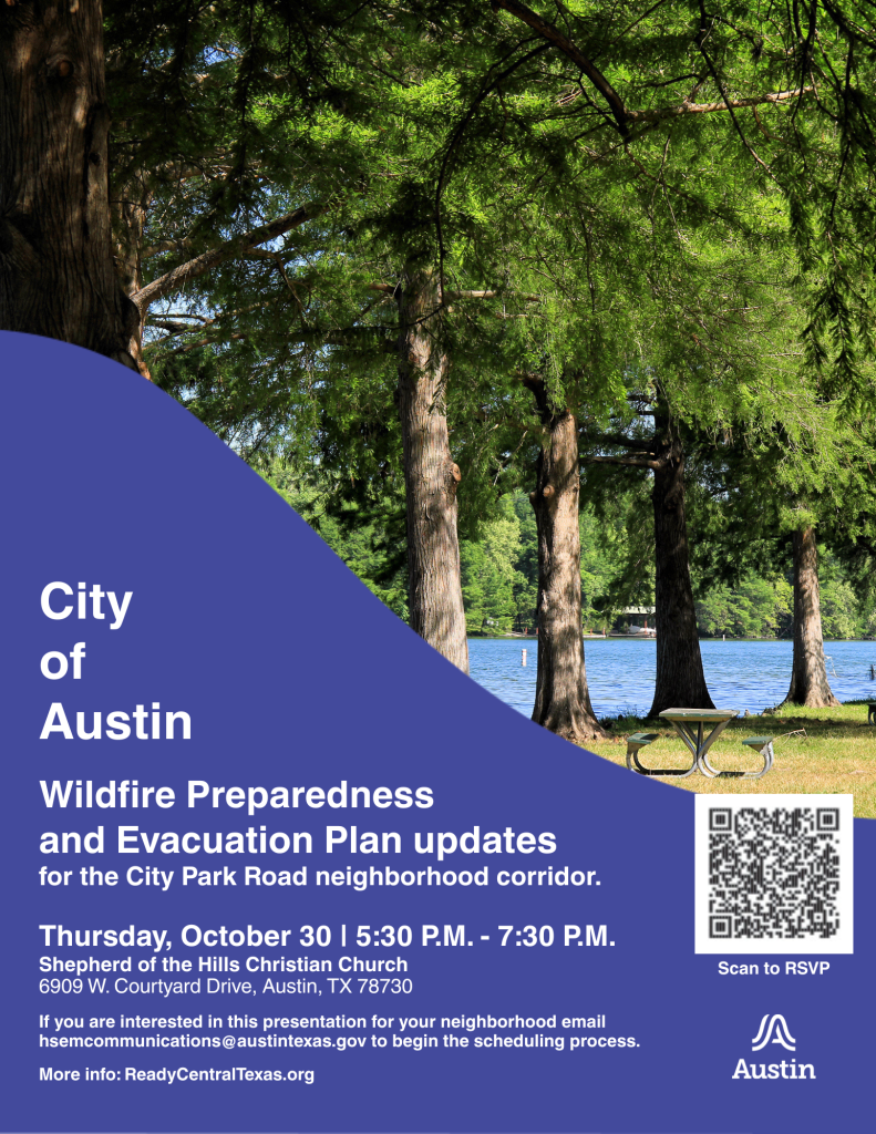 Austin blue Flyer showing a park.  Content talks about wildfire evacuation plan