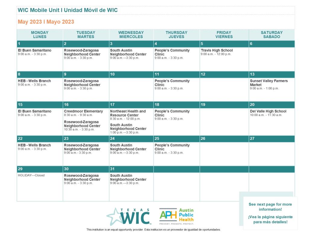 WIC Clinic Schedule May 2023