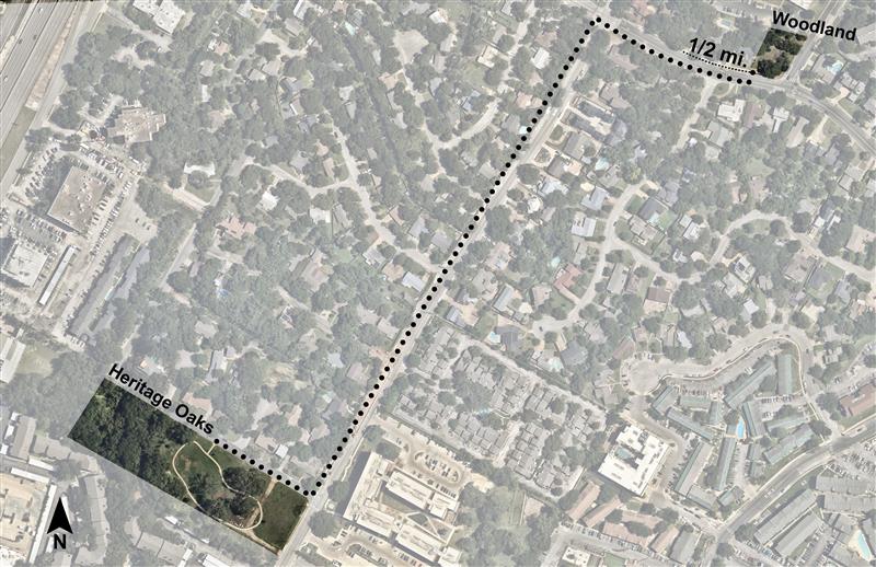 A map showing the path between Heritage Oaks Neighborhood Park and Woodland Pocket Park
