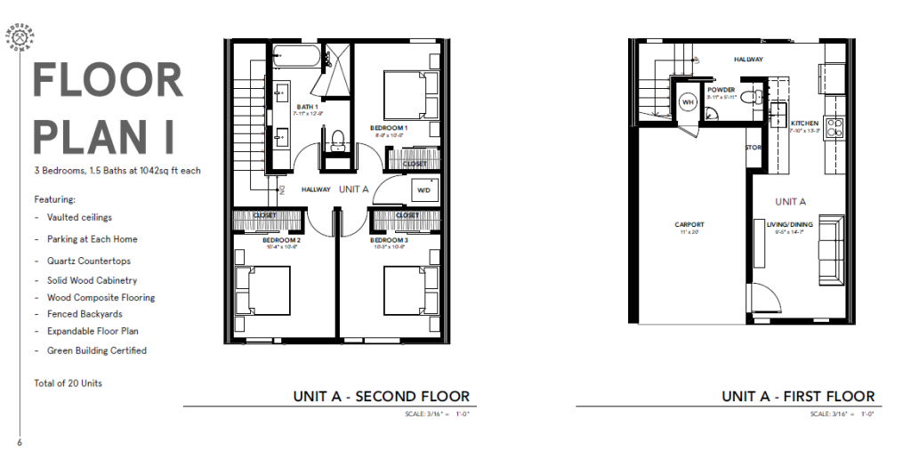 Black and white rendering of the smaller of the 2-story townhomes floor plans. This floor plan has a carport on the first floor, along with the living room, dining room, kitchen and powder room. The second floor has three vaulted bedrooms, a highly efficient shared bathroom, and a spray foamed attic with plenty of storage.