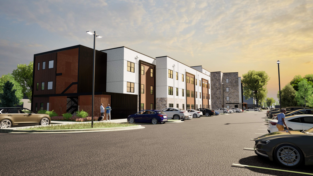 Rendering shows a four-story building with onsite parking. The building is divided into three attached sections that have slightly different exterior finishes: one is brown, another is white and brown; and the last section is white and brown with stone at the bottom.  