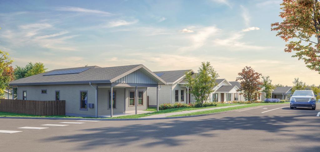 Image shows rendering of several single-story homes with vinyl siding, lawns and solar panels. These single-family homes will be part of the Whisper Valley community.