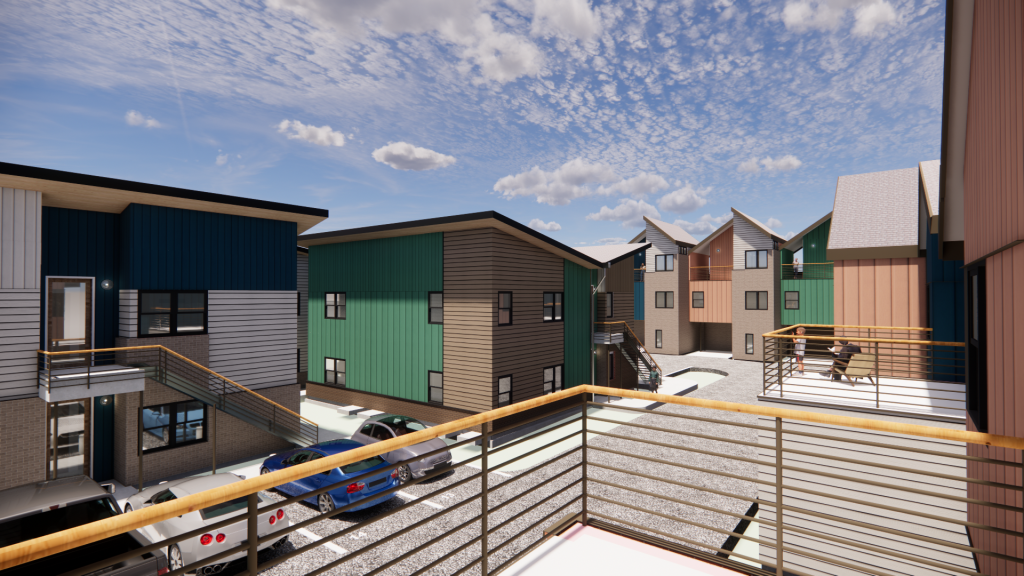 Rendering shows several two-story buildings with parking and patios. The exterior buildings are a range of colors, including green, grey, tan and orange.