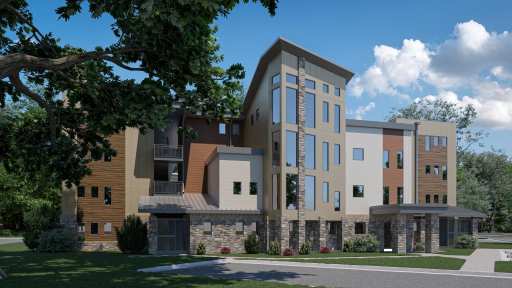 Rendering showing the front of the multi-story residence, called The Roz. The exterior of the building features stone on the first floor, with different sections of the building showcasing either a wood or a  cement fiber board façade.